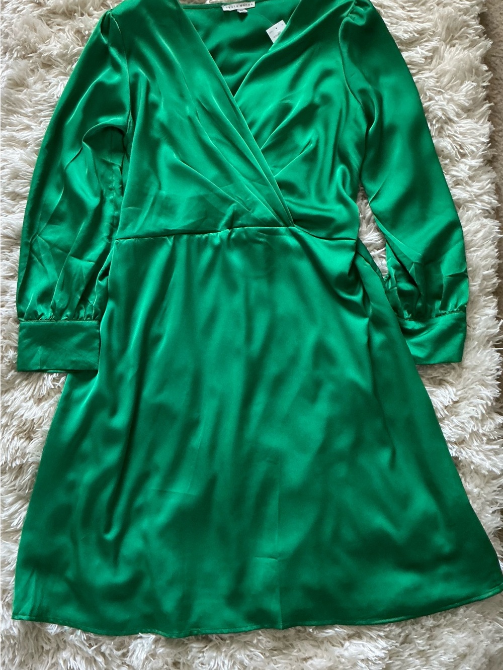 Haute Monde Emerald Green Satin Wrap Dress - Long Sleeve